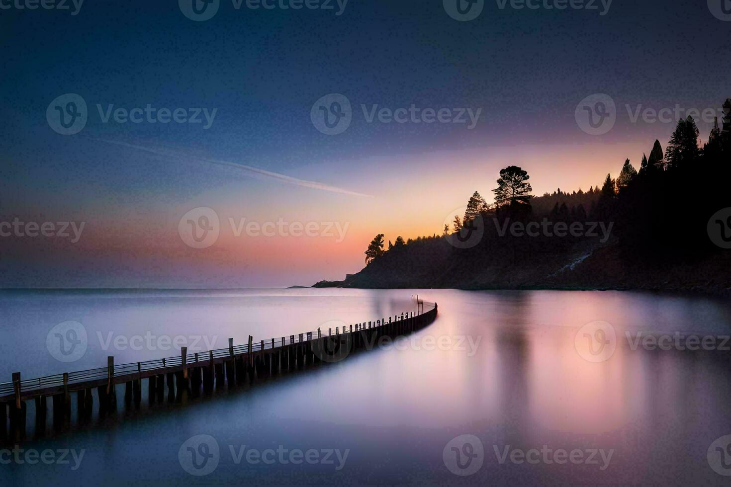 a long exposure photograph of a pier at sunset. AI-Generated photo