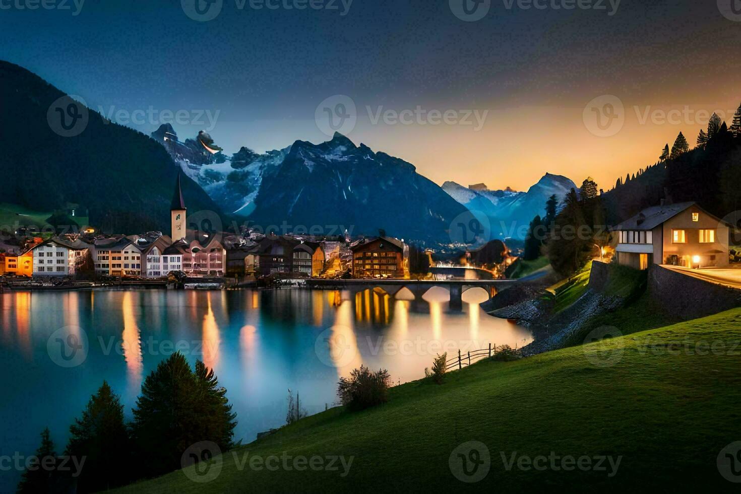 foto fondo de pantalla el cielo, montañas, lago, Suiza, el ciudad, Suiza, el. generado por ai