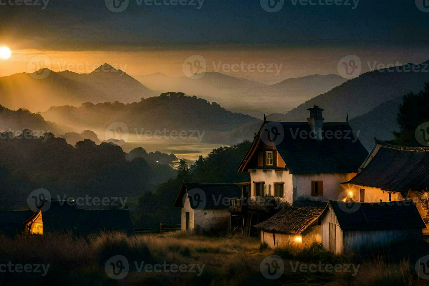 photo wallpaper the sky, mountains, sunrise, the sun, the mountains, the village, the. AI-Generated