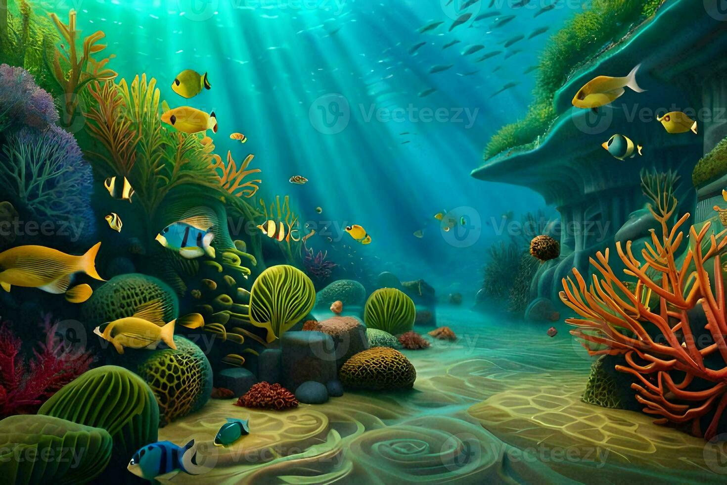 underwater scene with coral reef and fish. AI-Generated photo
