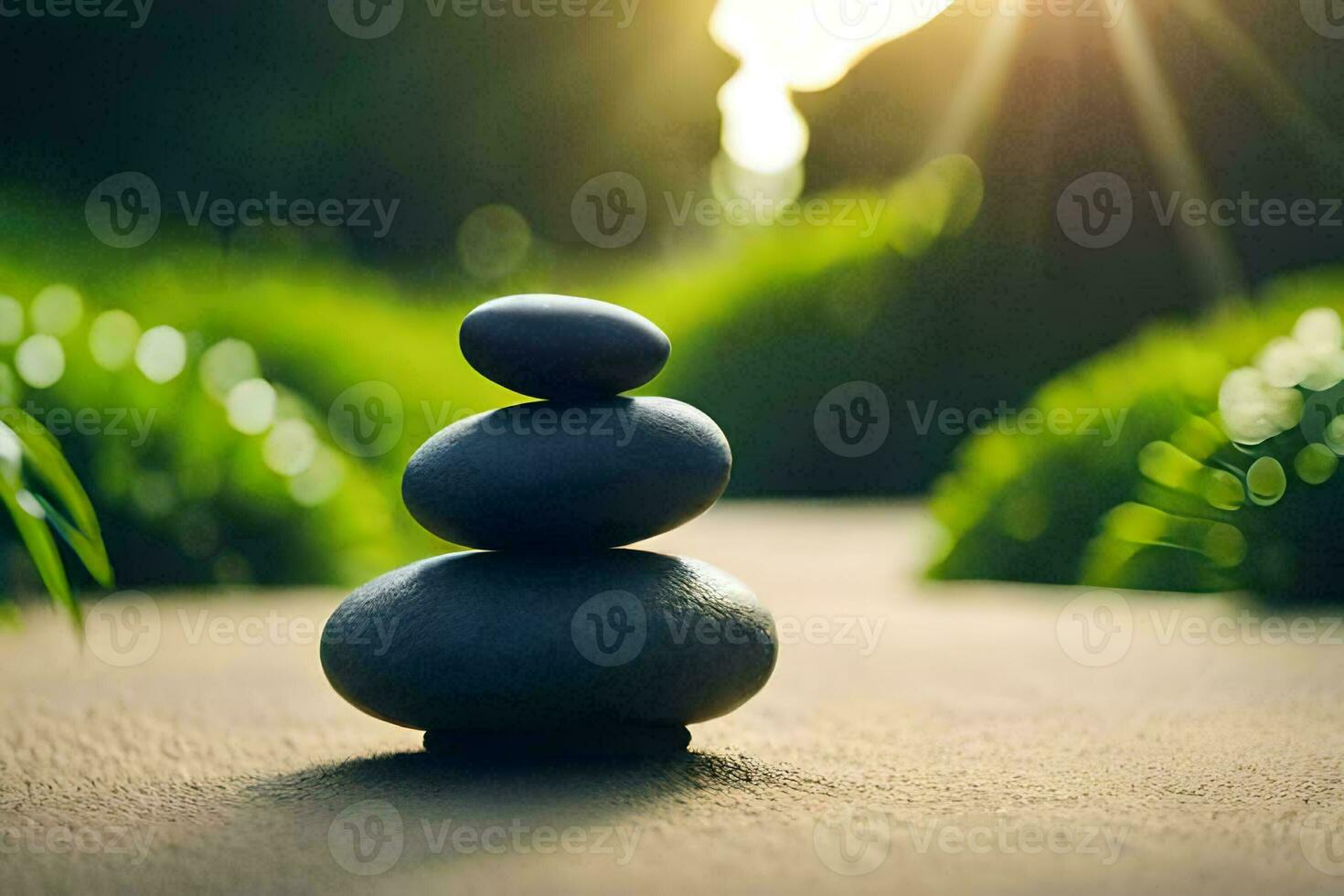 a stack of rocks in the middle of a garden. AI-Generated photo