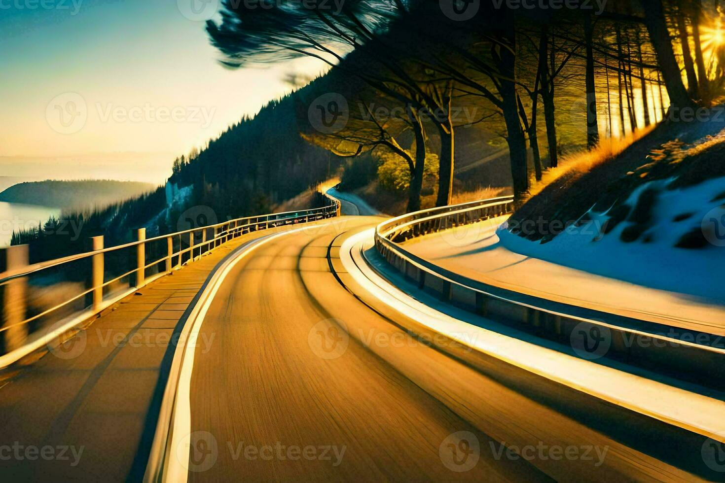 a car driving on a winding road in the mountains. AI-Generated photo