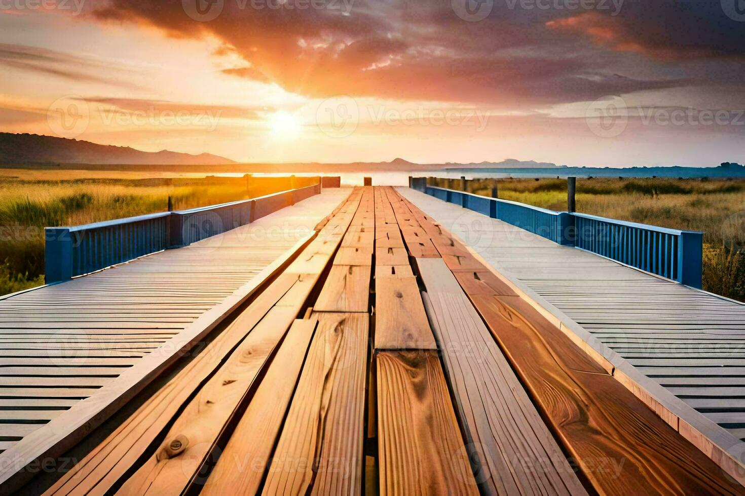 a wooden bridge leads to the sunset. AI-Generated photo