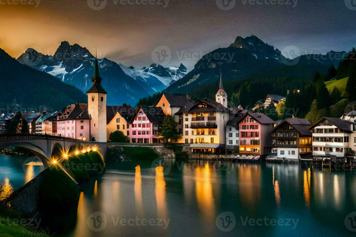 foto fondo de pantalla el cielo, montañas, ciudad, puente, río, lago, montañas, Europa. generado por ai