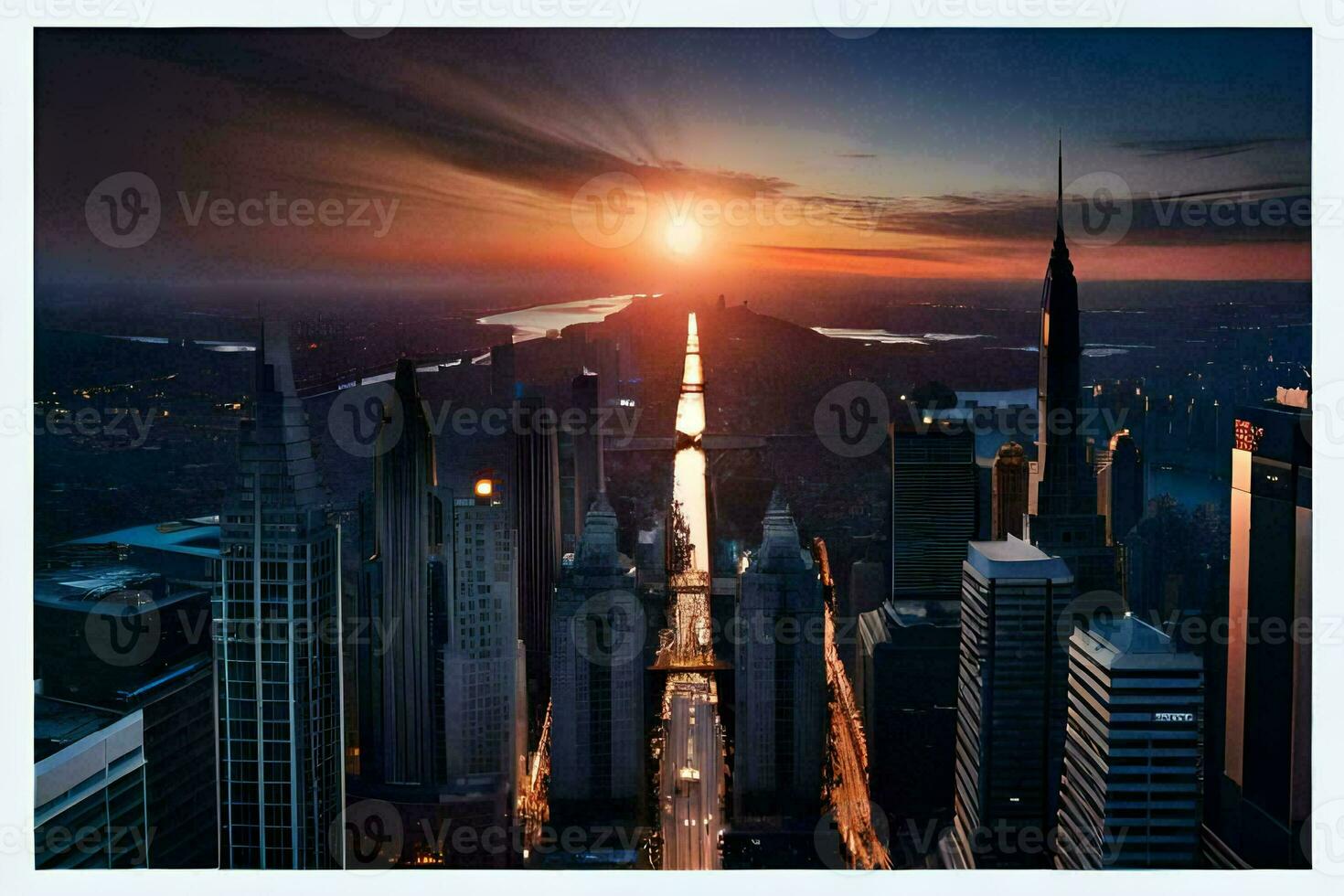 the sun sets over a city skyline. AI-Generated photo
