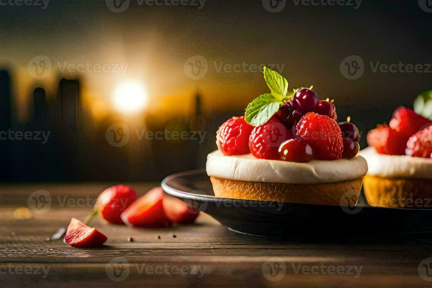 two cupcakes with strawberries and cream on a wooden table. AI-Generated photo