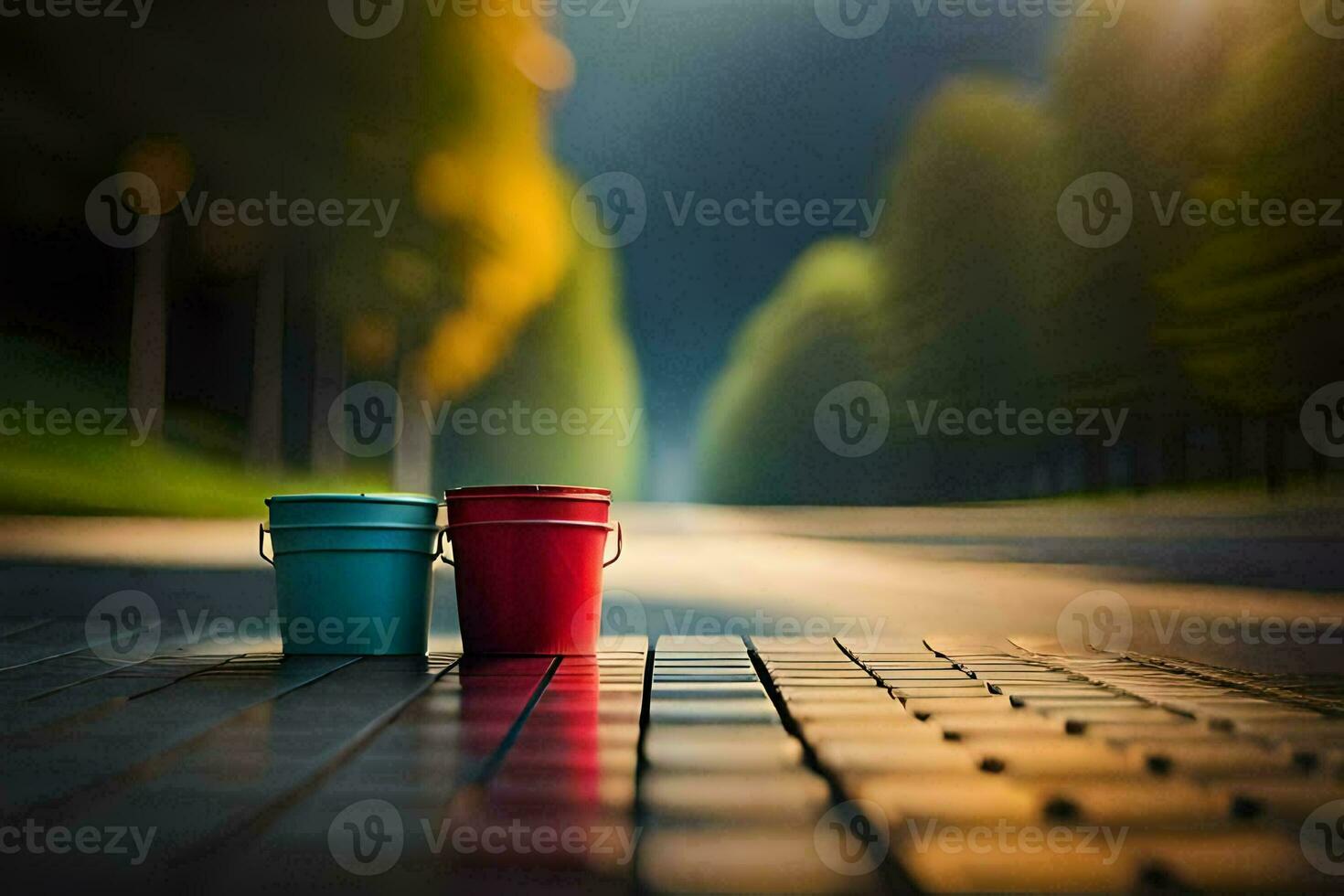 two red and blue buckets sit on a street. AIGenerated 33614738 Stock