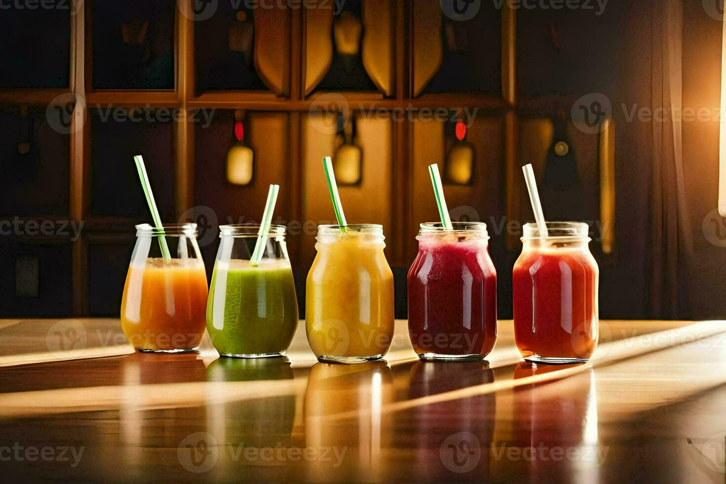 five different types of juices in jars on a table. AI-Generated photo