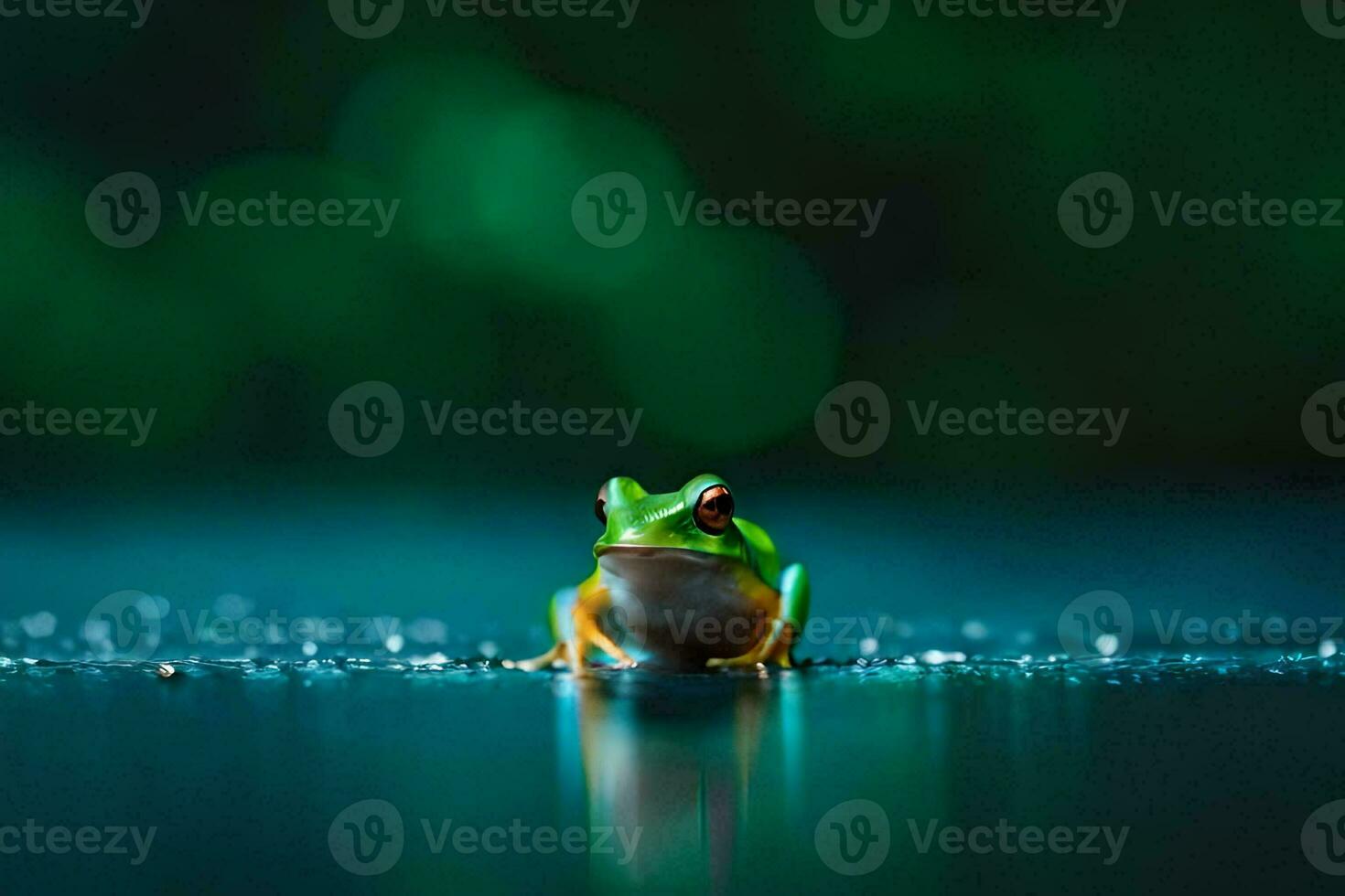 a frog sitting on the ground in the rain. AI-Generated photo