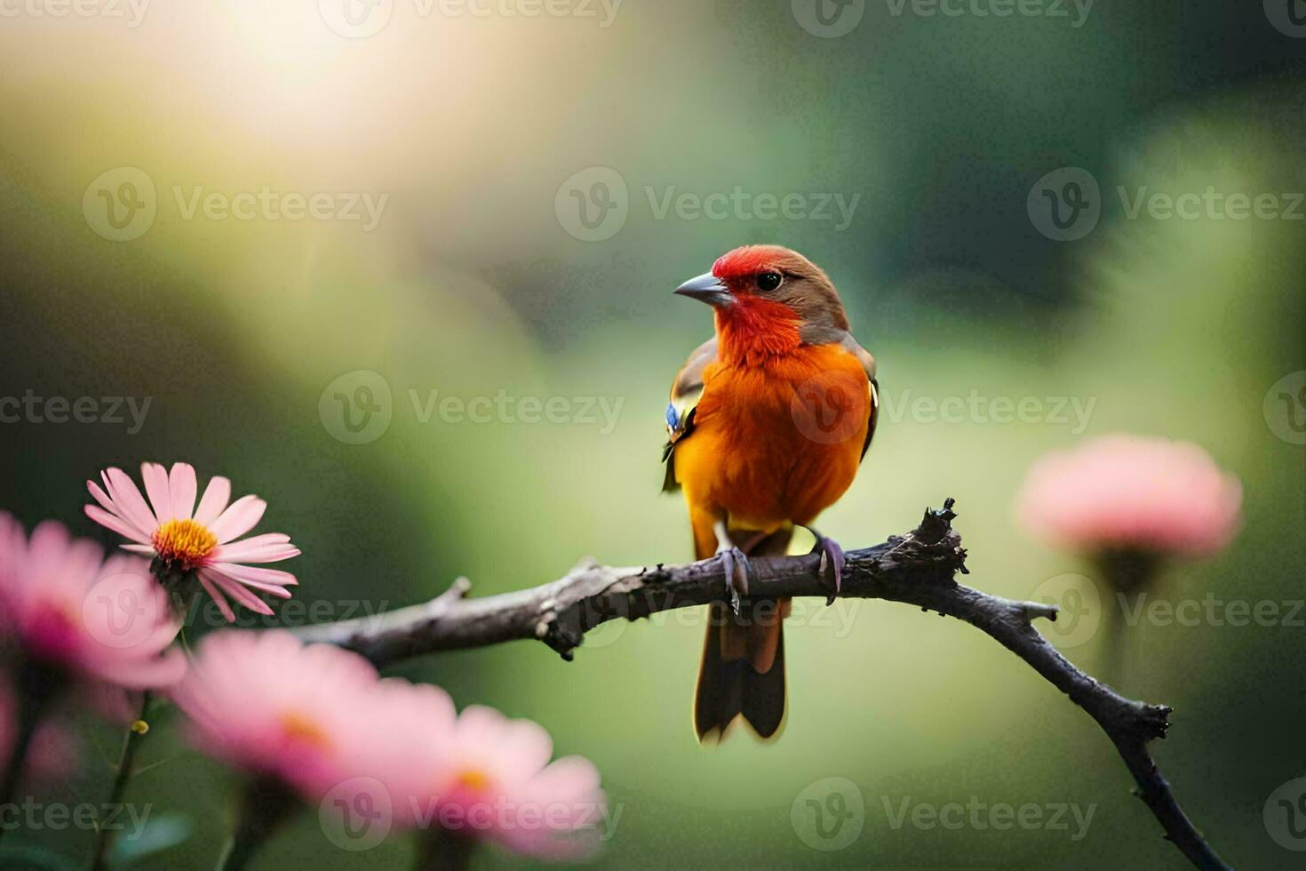 un pequeño naranja pájaro se sienta en un rama con rosado flores generado por ai foto