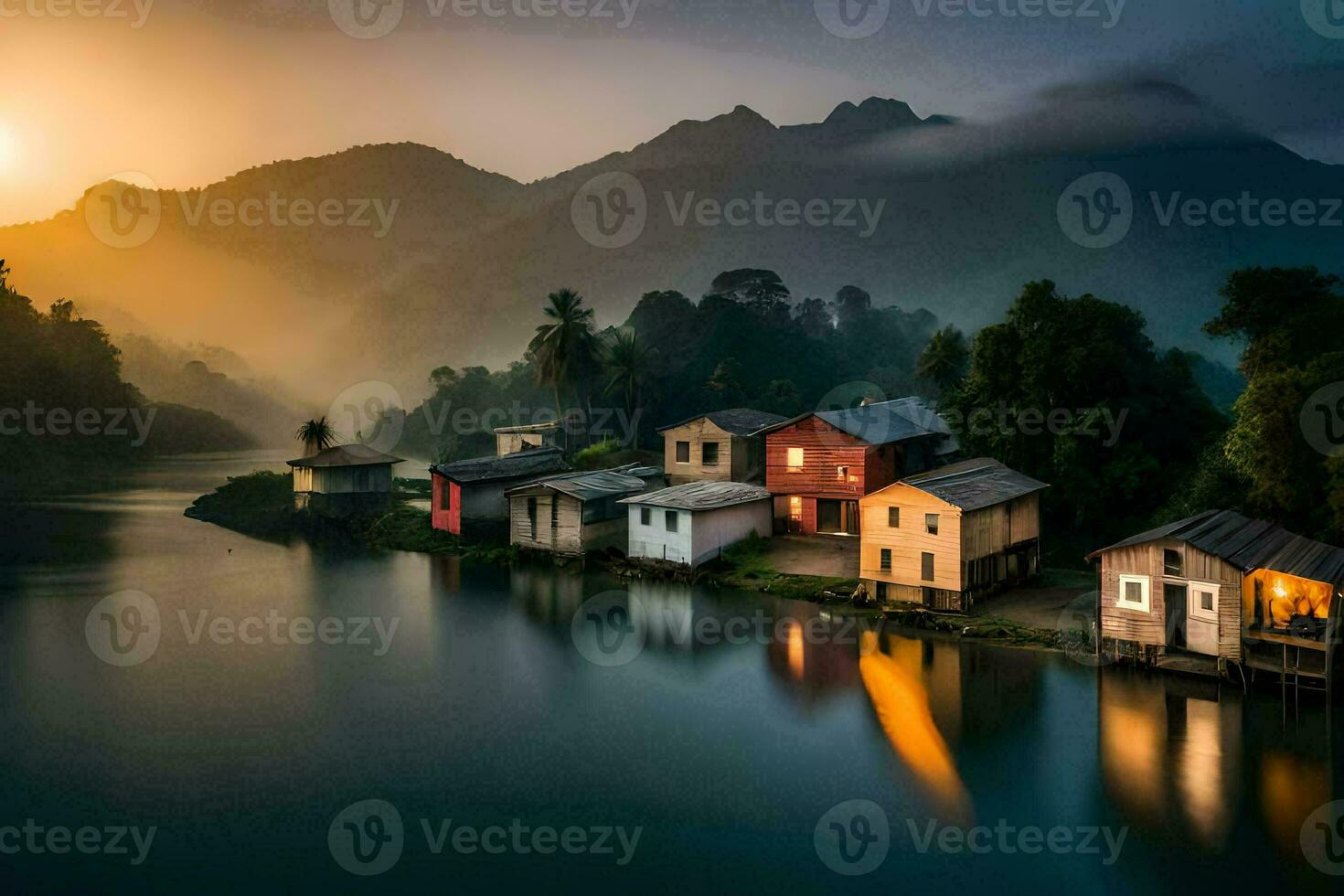 houses on the water in the mountains at sunrise. AI-Generated photo