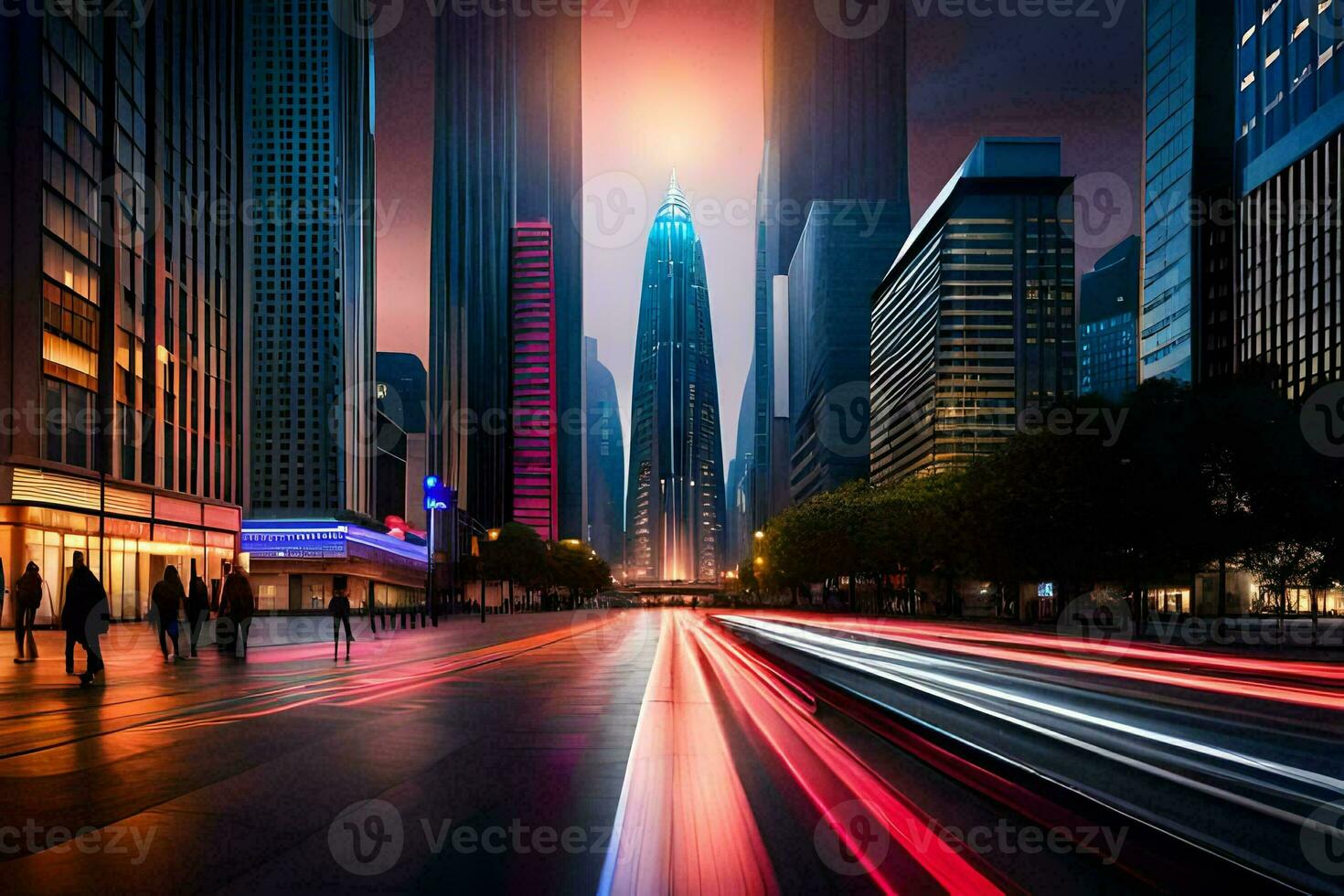 un ciudad calle a noche con luces y tráfico. generado por ai foto