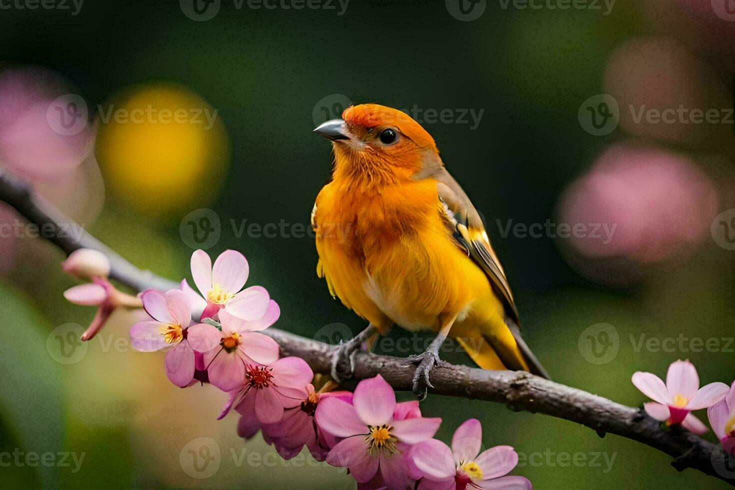 a small orange bird sits on a branch with pink flowers. AI-Generated photo