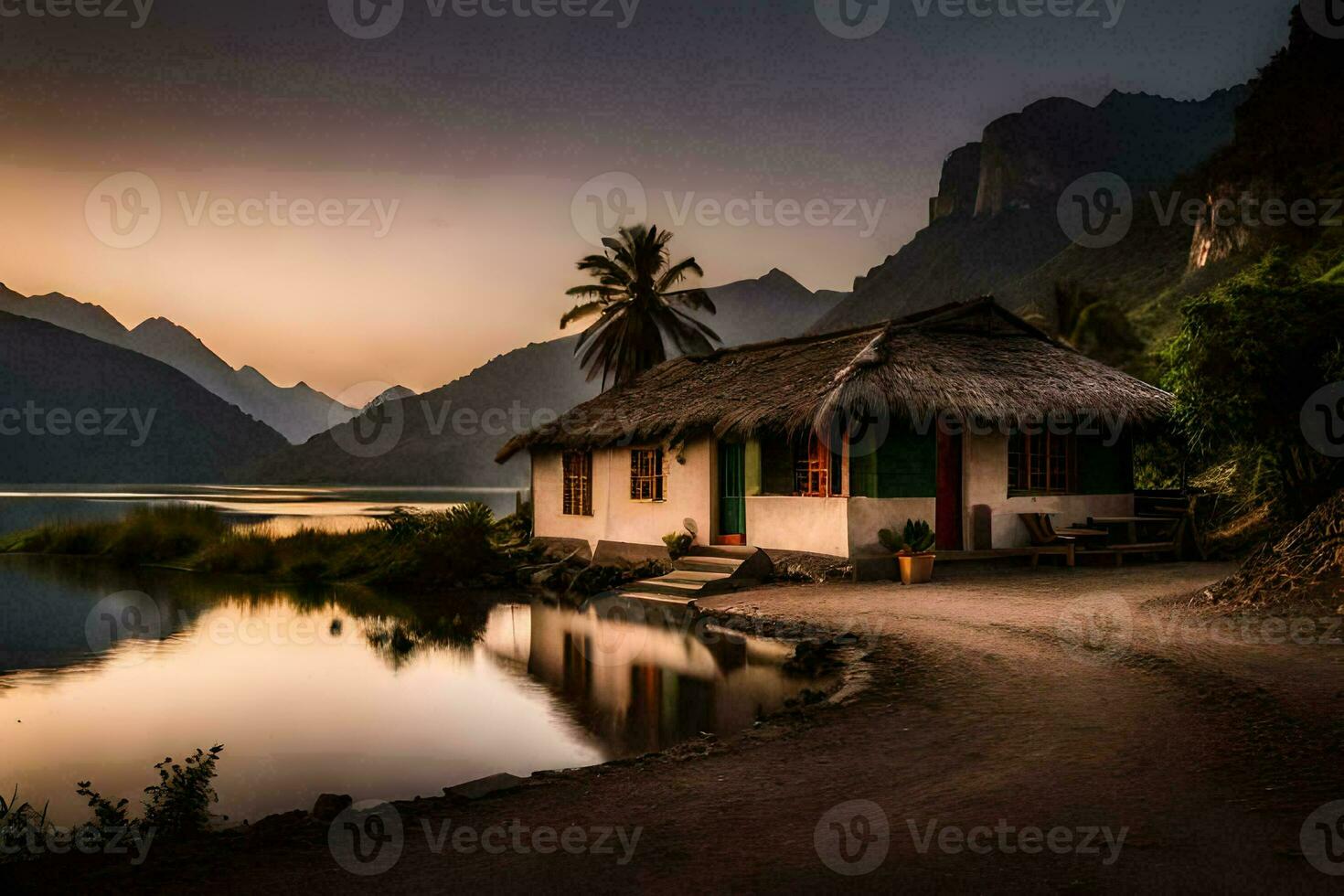 a small hut sits on the shore of a lake at sunset. AI-Generated photo