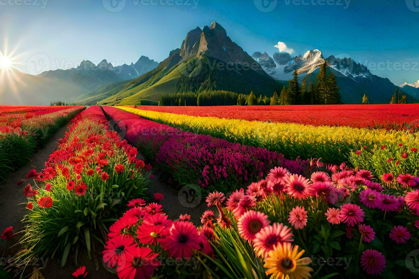 un campo de flores y montañas en el antecedentes. generado por ai foto
