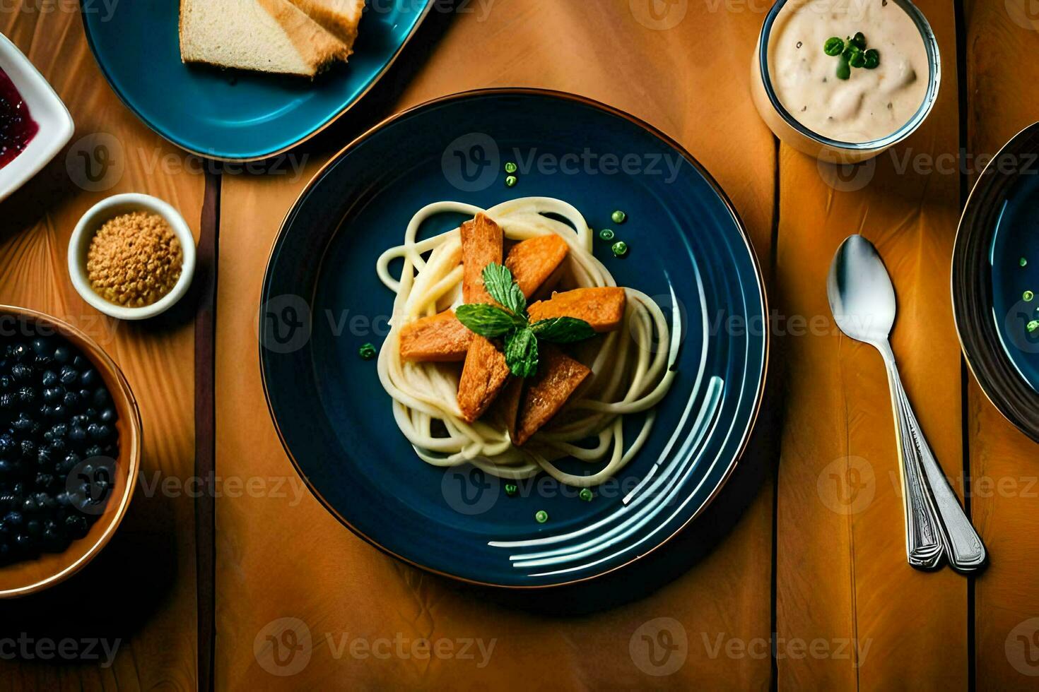 a table with pasta, bread and other foods. AI-Generated photo