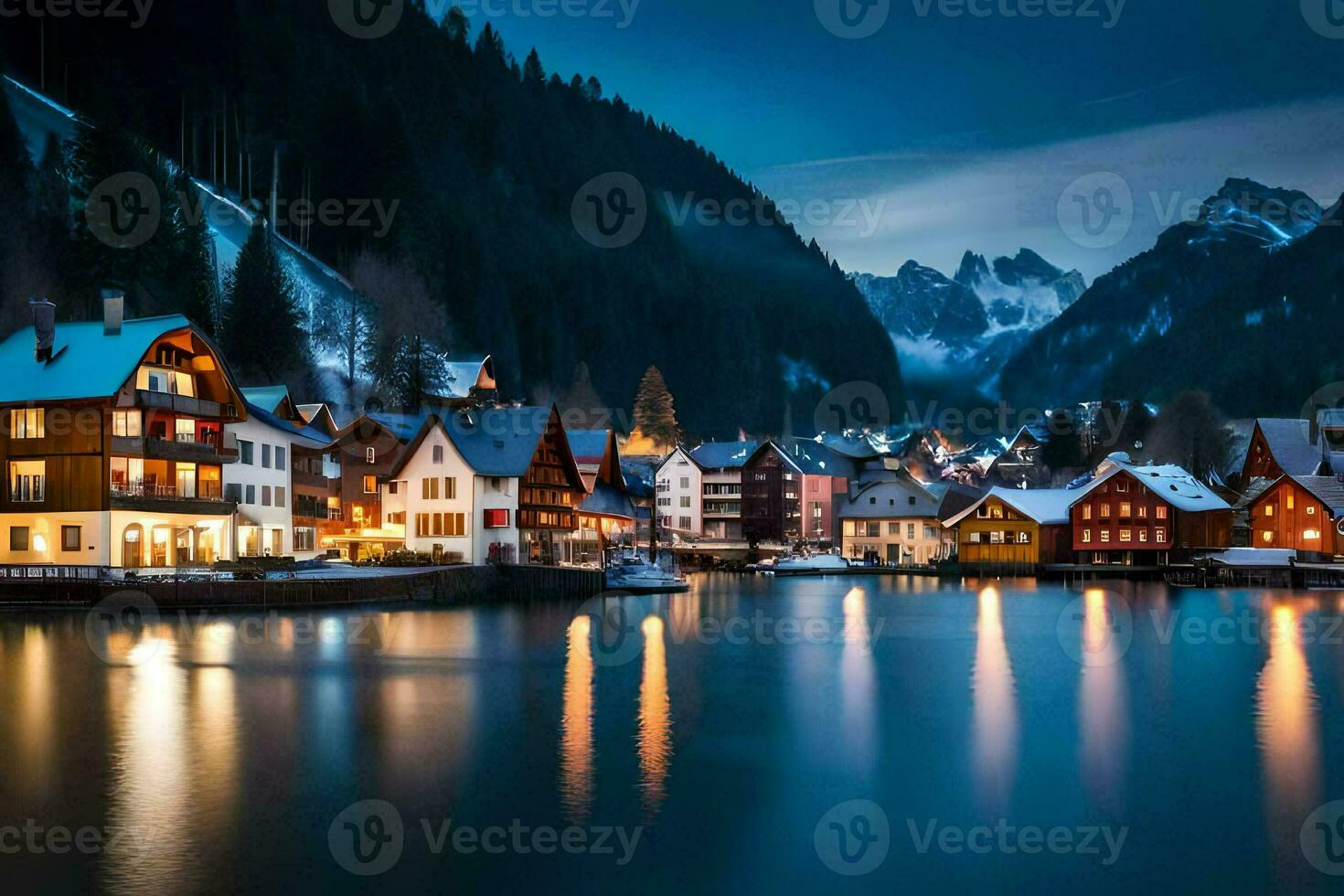 a town in the mountains with snow on the ground. AI-Generated photo