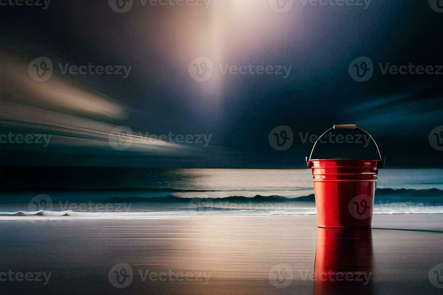 a red bucket on the beach at night. AI-Generated photo
