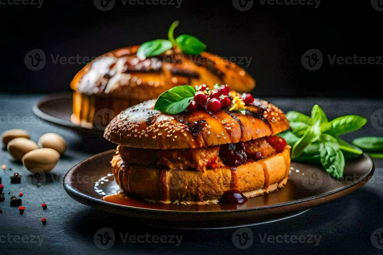 two hamburgers on plates with sauce and spices. AI-Generated photo