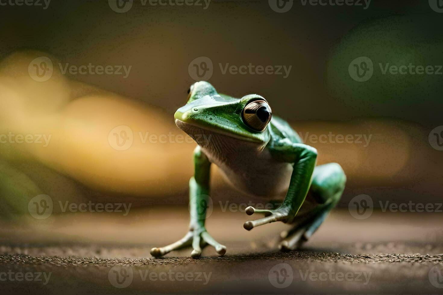 a frog is standing on a wooden surface. AI-Generated photo