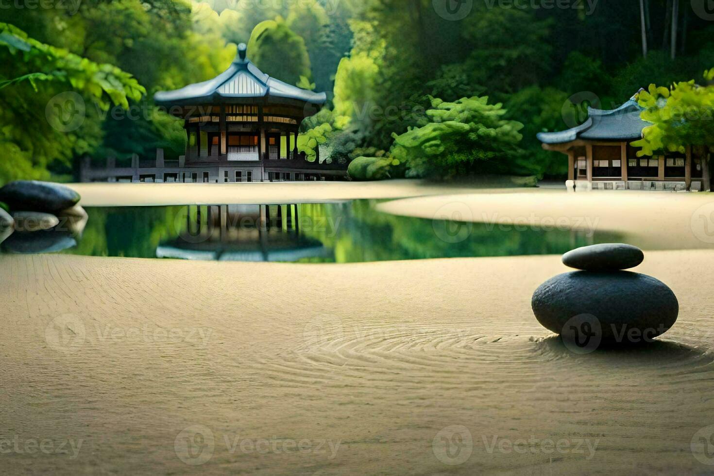 a stone sits on the sand near a pond. AI-Generated photo