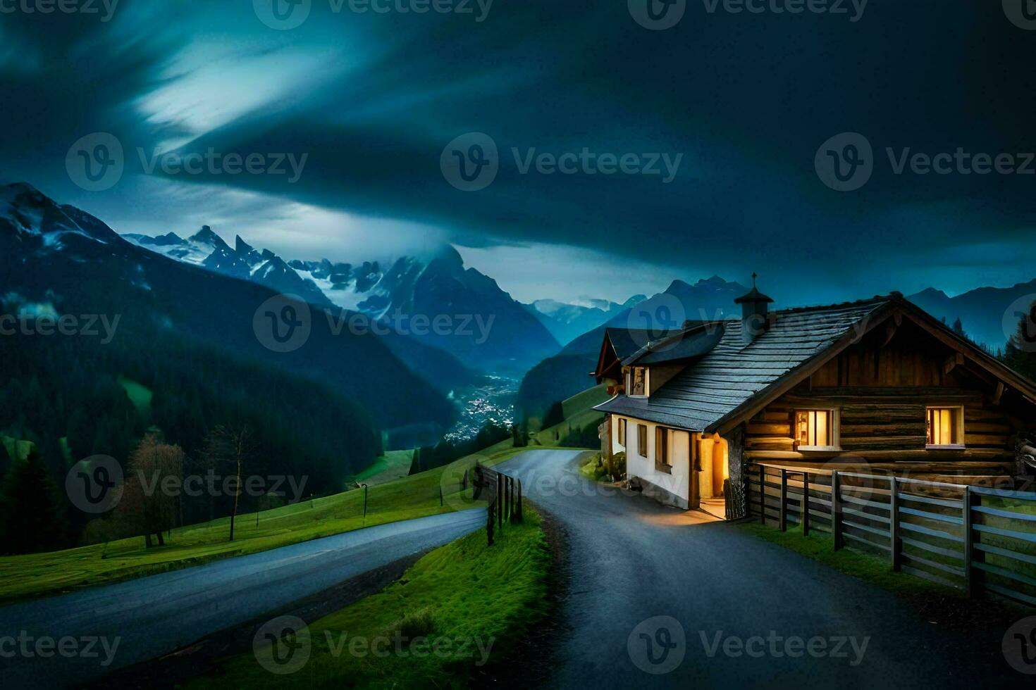 the house in the mountains. AI-Generated photo