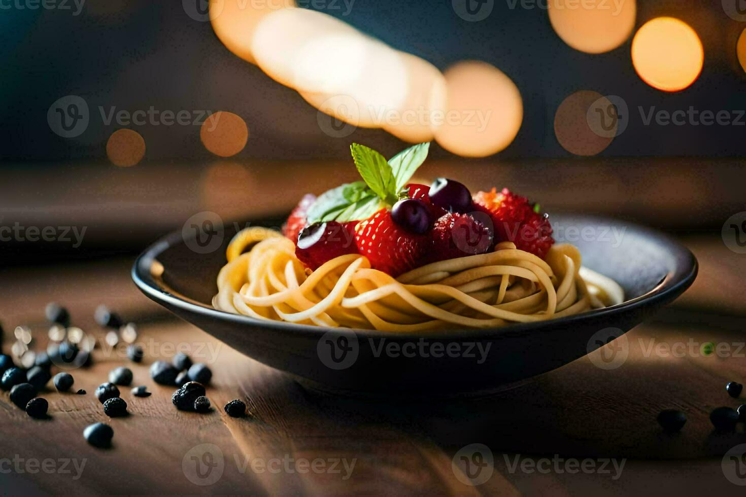 a plate of pasta with berries and berries on a wooden table. AI-Generated photo