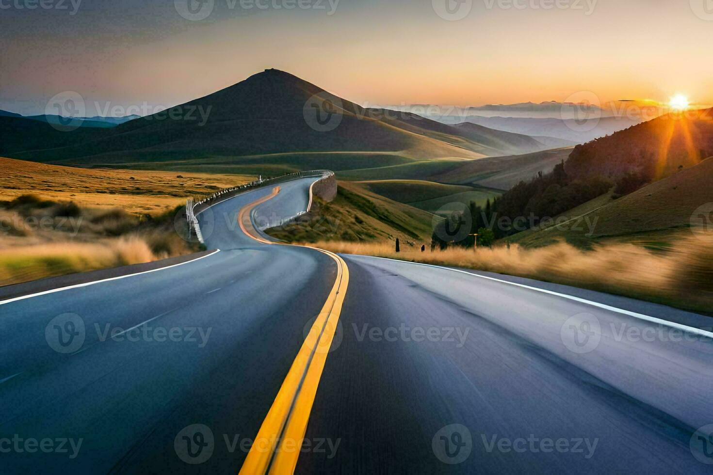 a long, winding road with the sun setting in the distance. AI-Generated photo