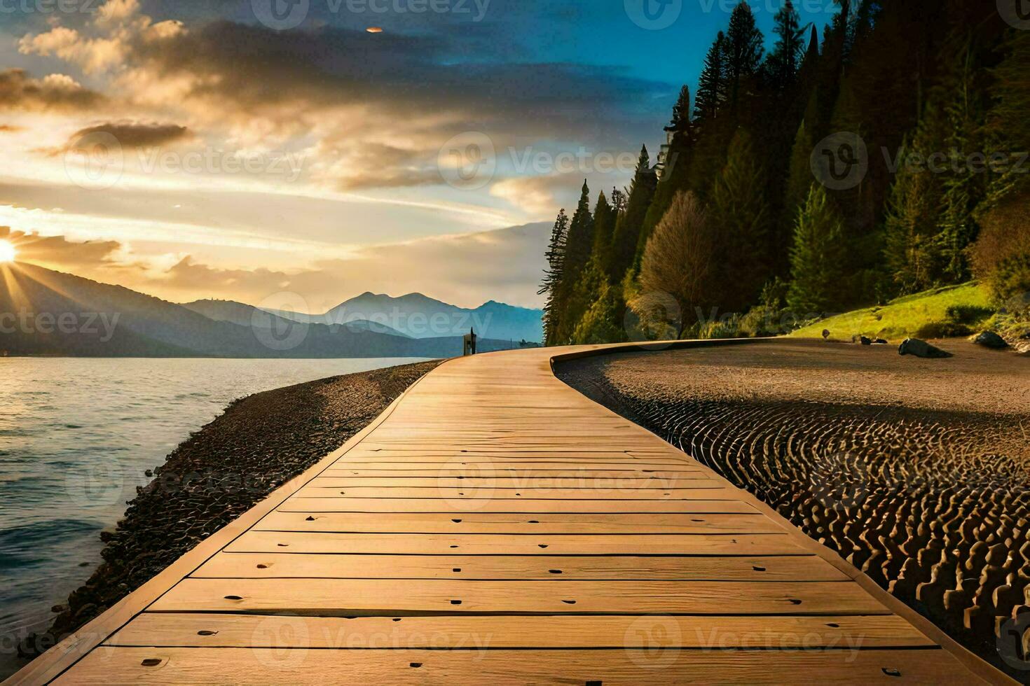 a wooden walkway leads to a lake and mountains at sunset. AI-Generated photo