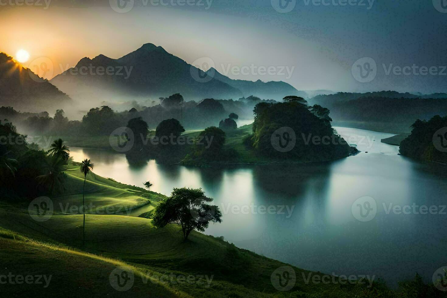 the sun rises over a lake and mountains in the morning. AI-Generated photo