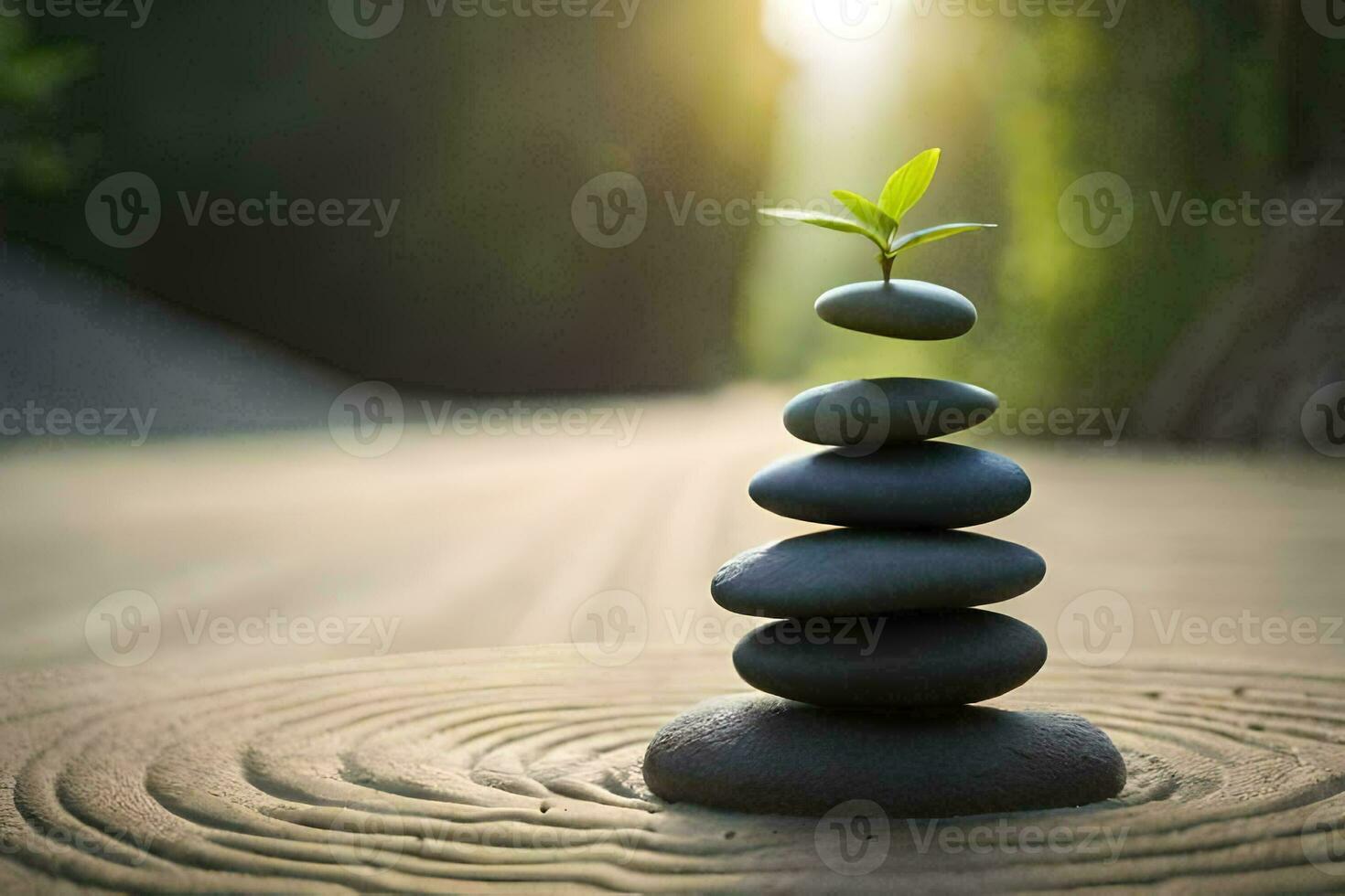a stack of stones with a plant growing on top. AI-Generated photo