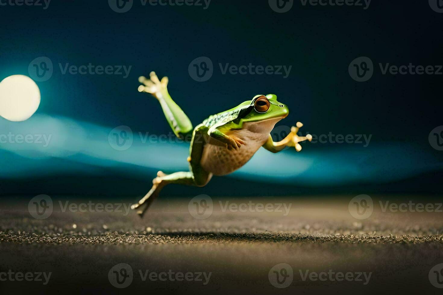 a frog jumping in the air at night. AI-Generated photo