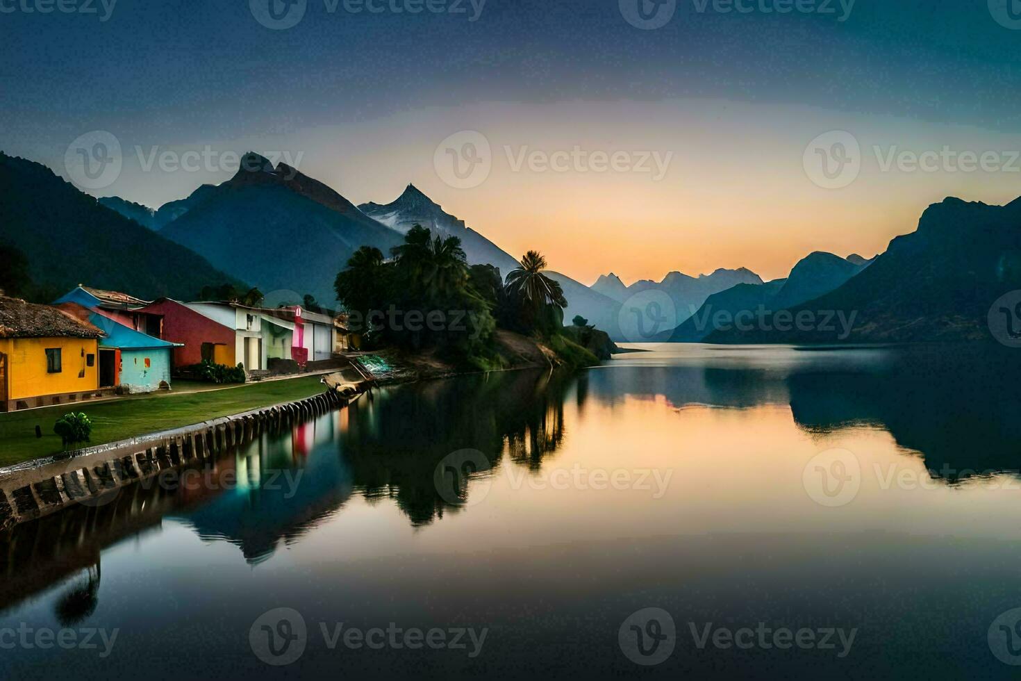 colorful houses on the shore of a lake at sunset. AI-Generated photo