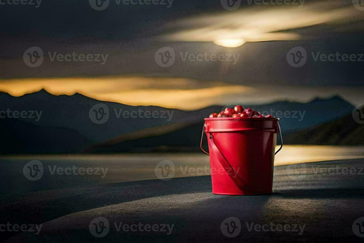 a red bucket of cherries on the side of a mountain. AI-Generated photo