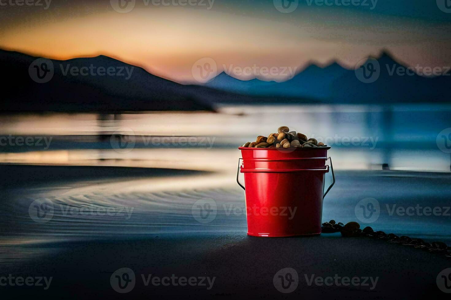 a red bucket filled with rocks on the beach at sunset. AI-Generated photo