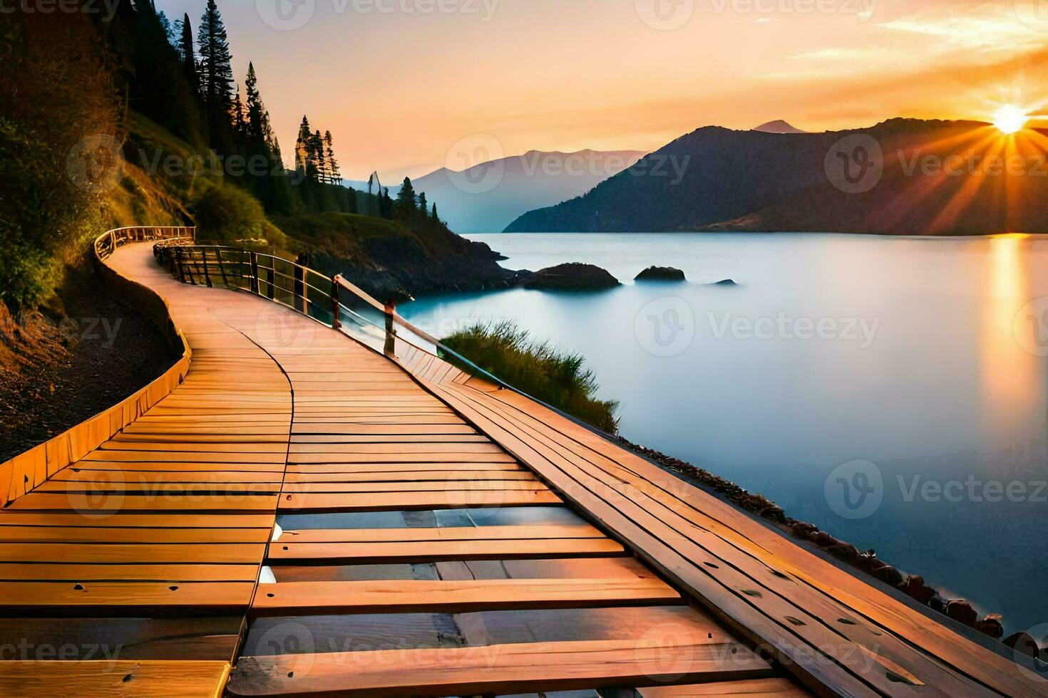 a wooden walkway leads to a lake at sunset. AI-Generated photo