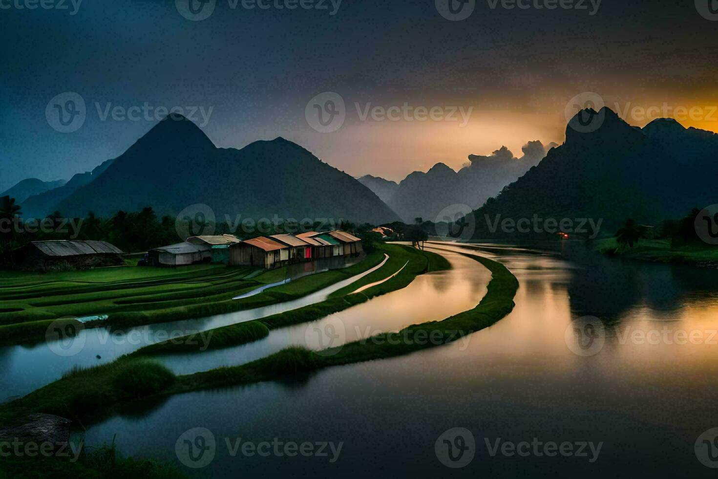 un río en el montañas con casas y arroz campos. generado por ai foto