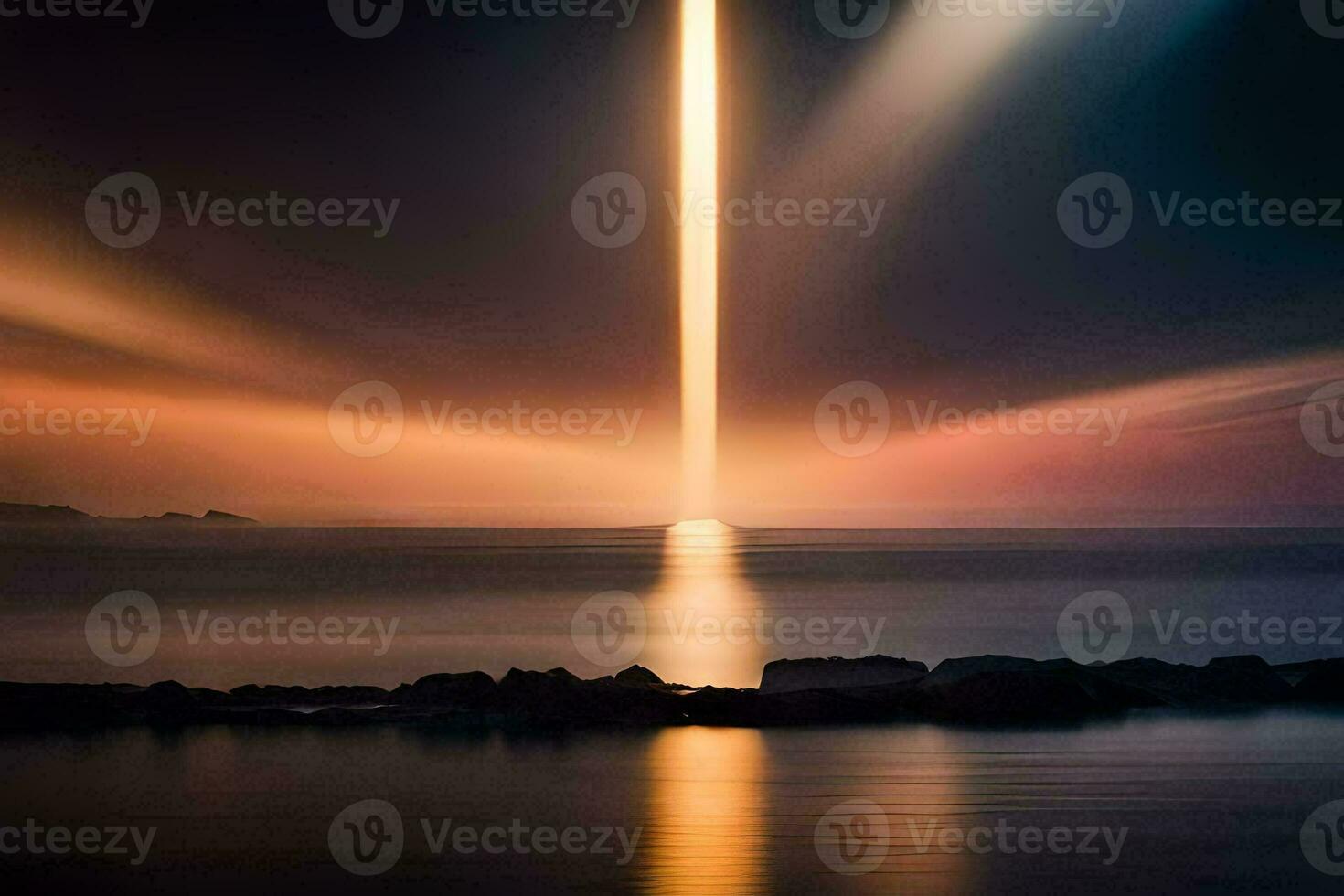 a long beam of light is shining over the ocean. AI-Generated photo