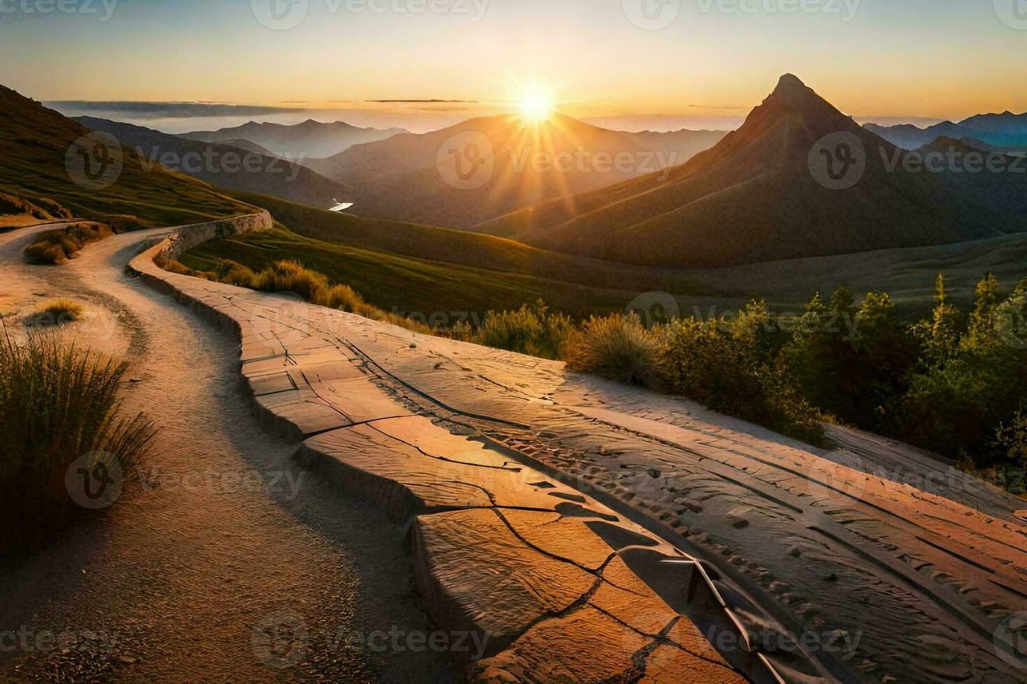 the sun rises over the mountains in this photo. AI-Generated photo