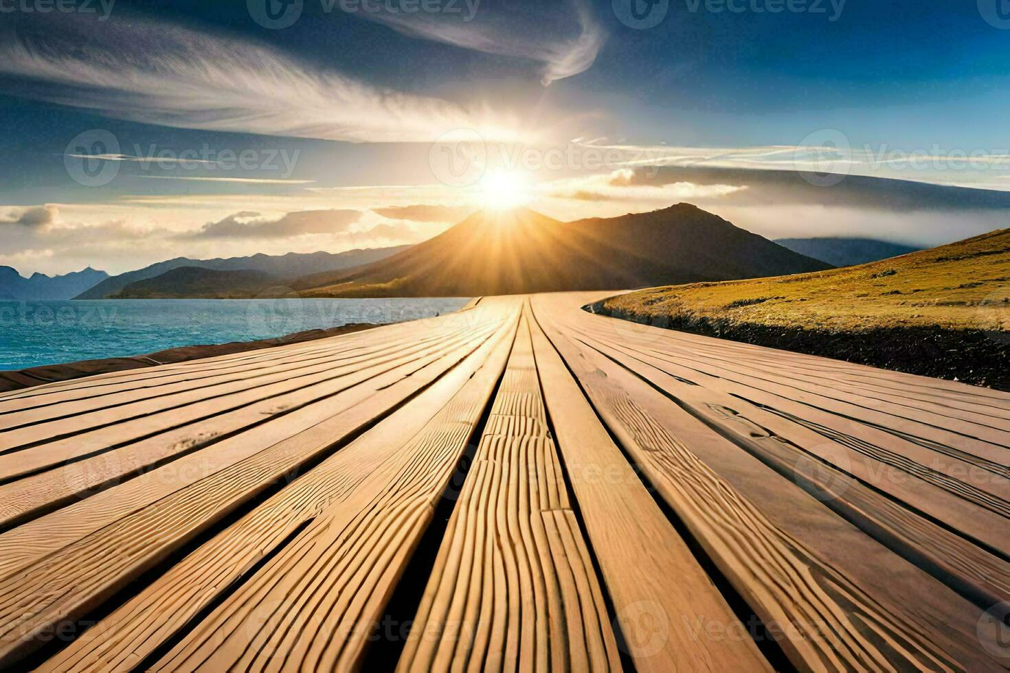 the sun rises over a wooden boardwalk in the middle of a lake. AI-Generated photo