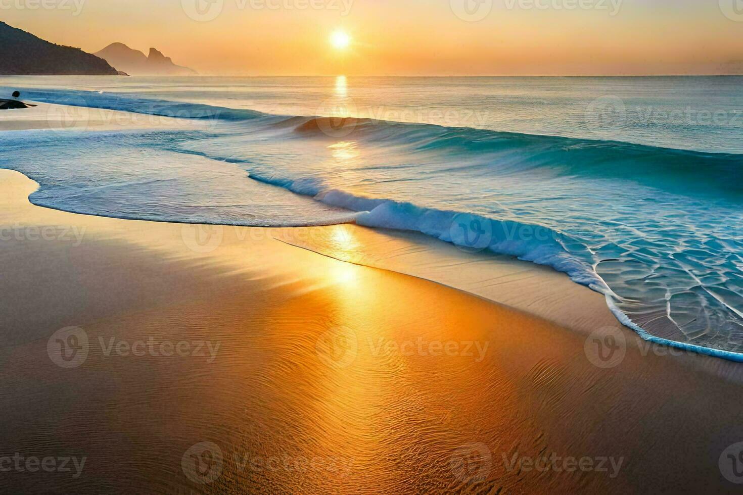 the sun is setting over the ocean and waves. AI-Generated photo