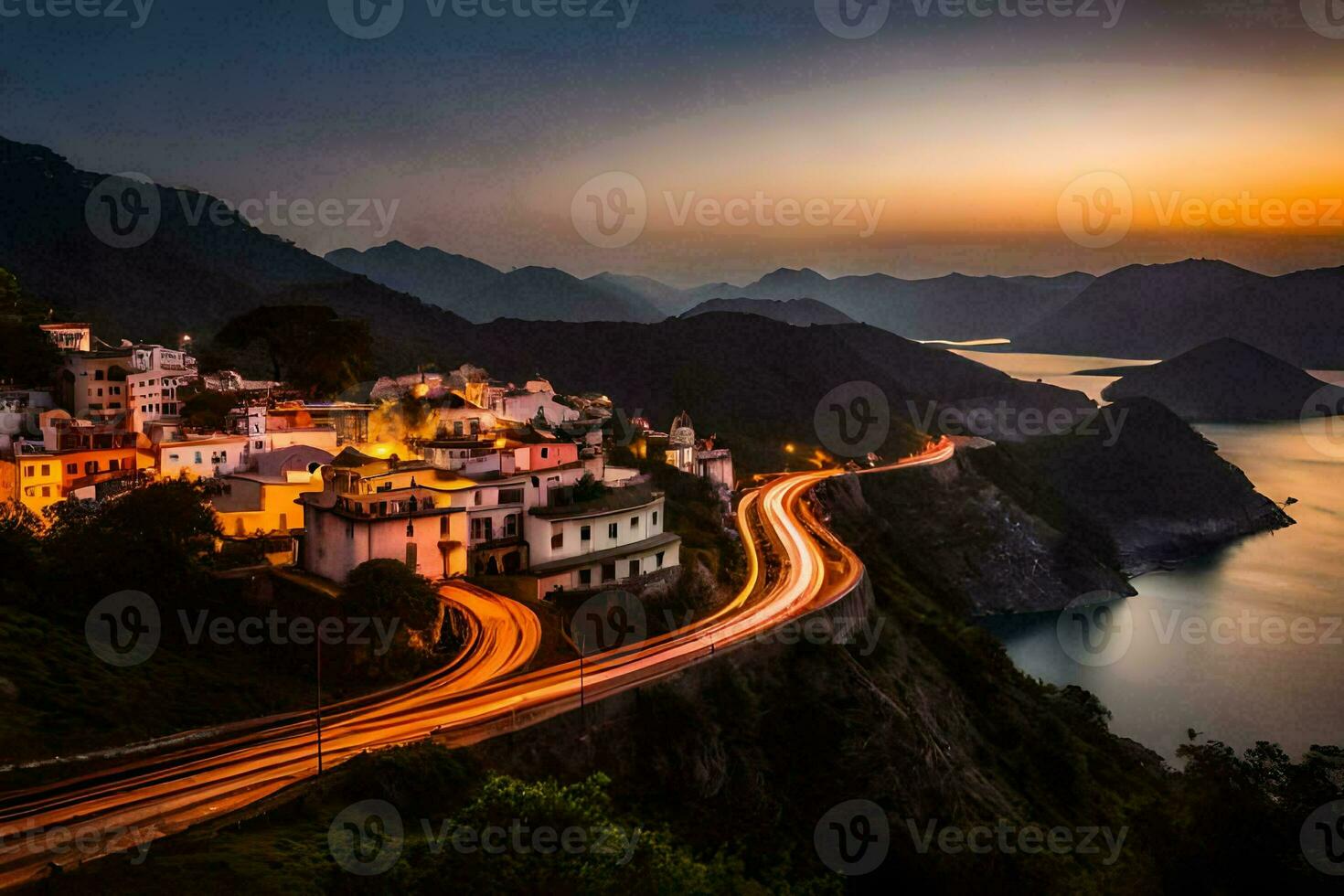 el puesta de sol terminado un pueblo en el costa de Italia. generado por ai foto