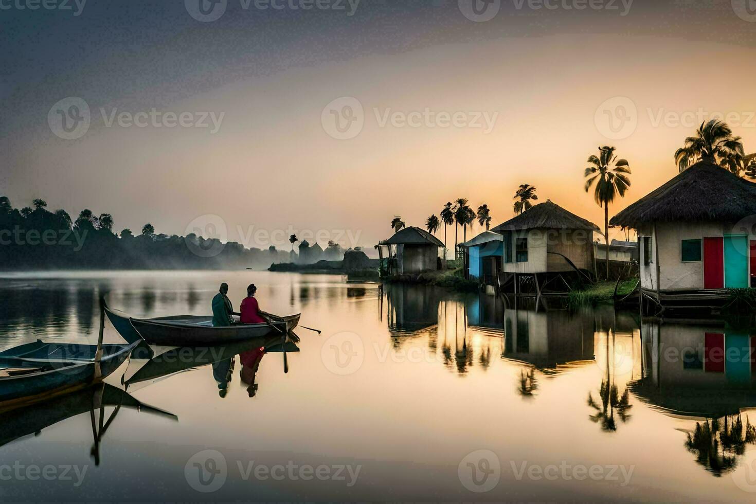 two people in a boat on the water at sunrise. AI-Generated photo