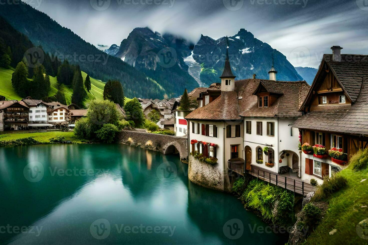 a beautiful mountain village with a river and a bridge. AI-Generated photo