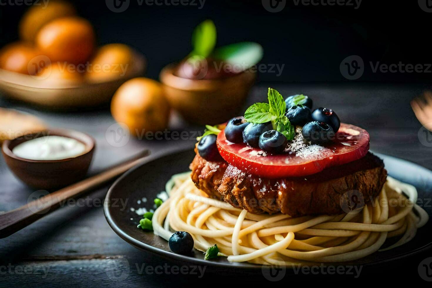 a plate of spaghetti with tomatoes and blueberries. AI-Generated photo