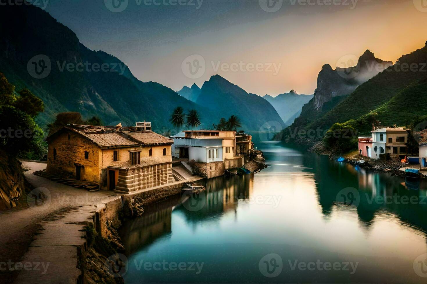 a river in the mountains with houses and mountains. AI-Generated photo