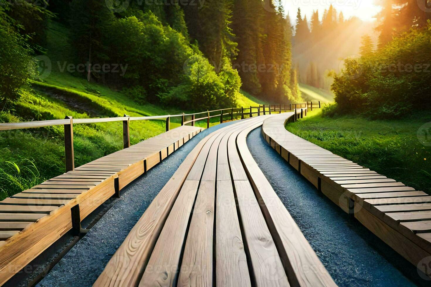 a wooden walkway in the forest with the sun shining. AI-Generated photo