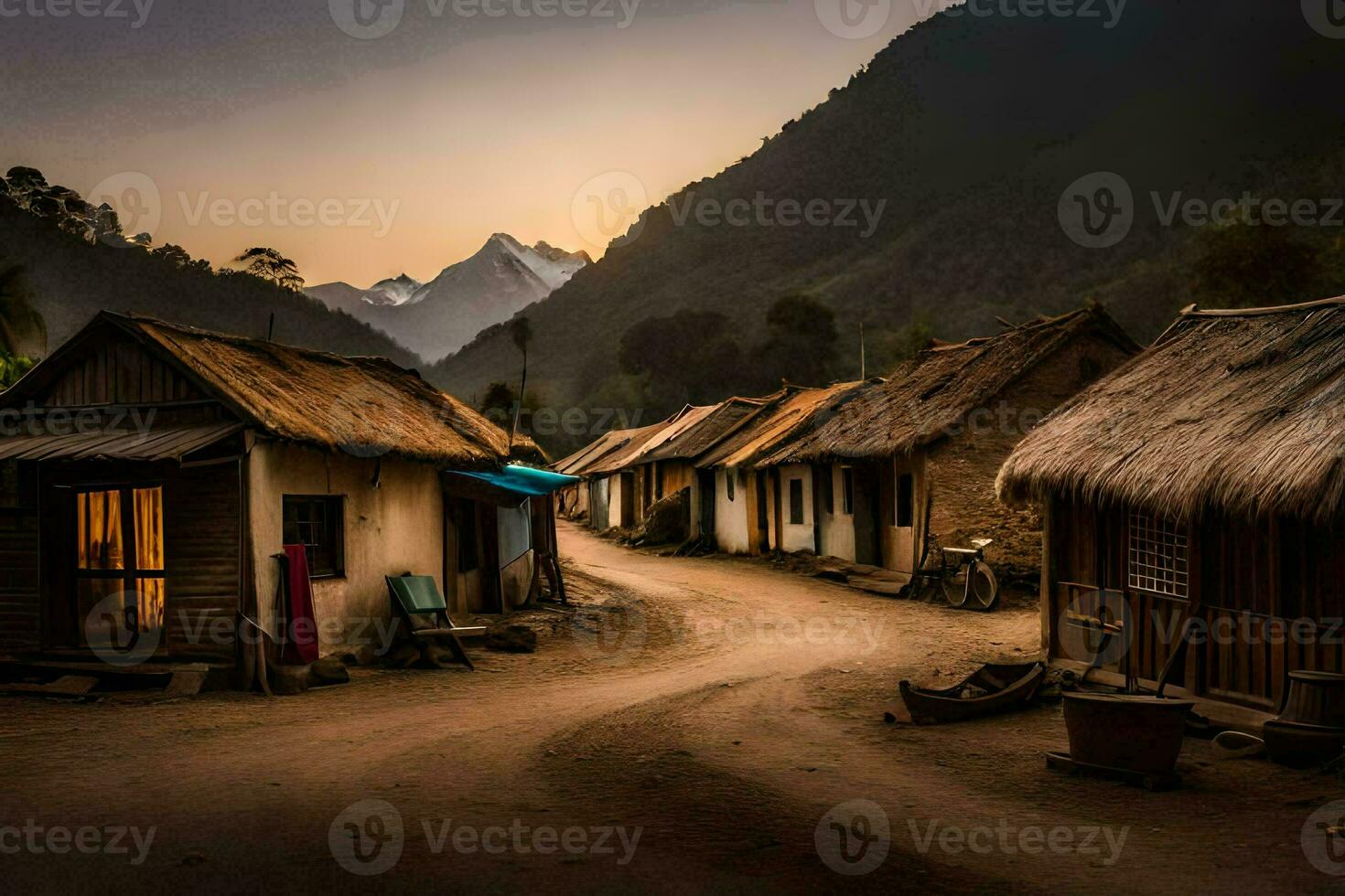 un pueblo en el montañas con tejado de paja chozas generado por ai foto