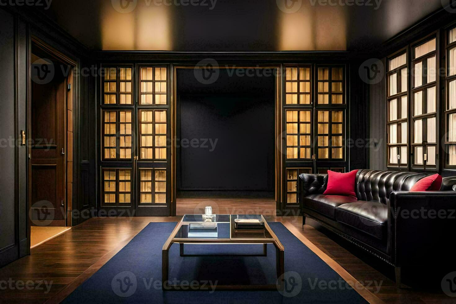 the living room has black walls and wooden floors. AI-Generated photo