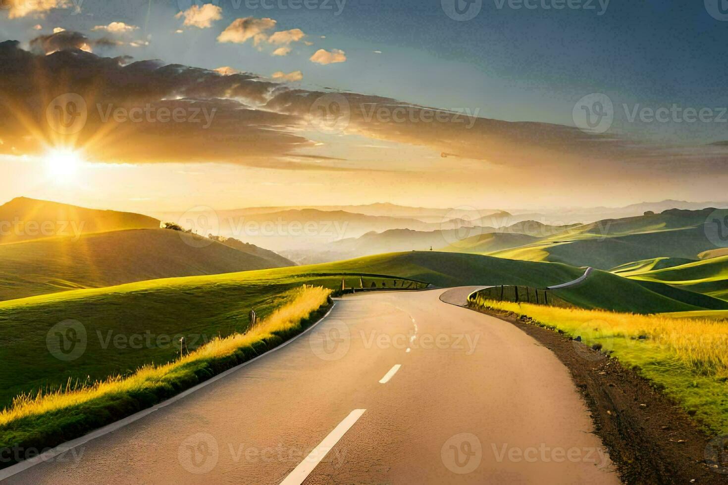 a road in the mountains with the sun setting. AI-Generated photo